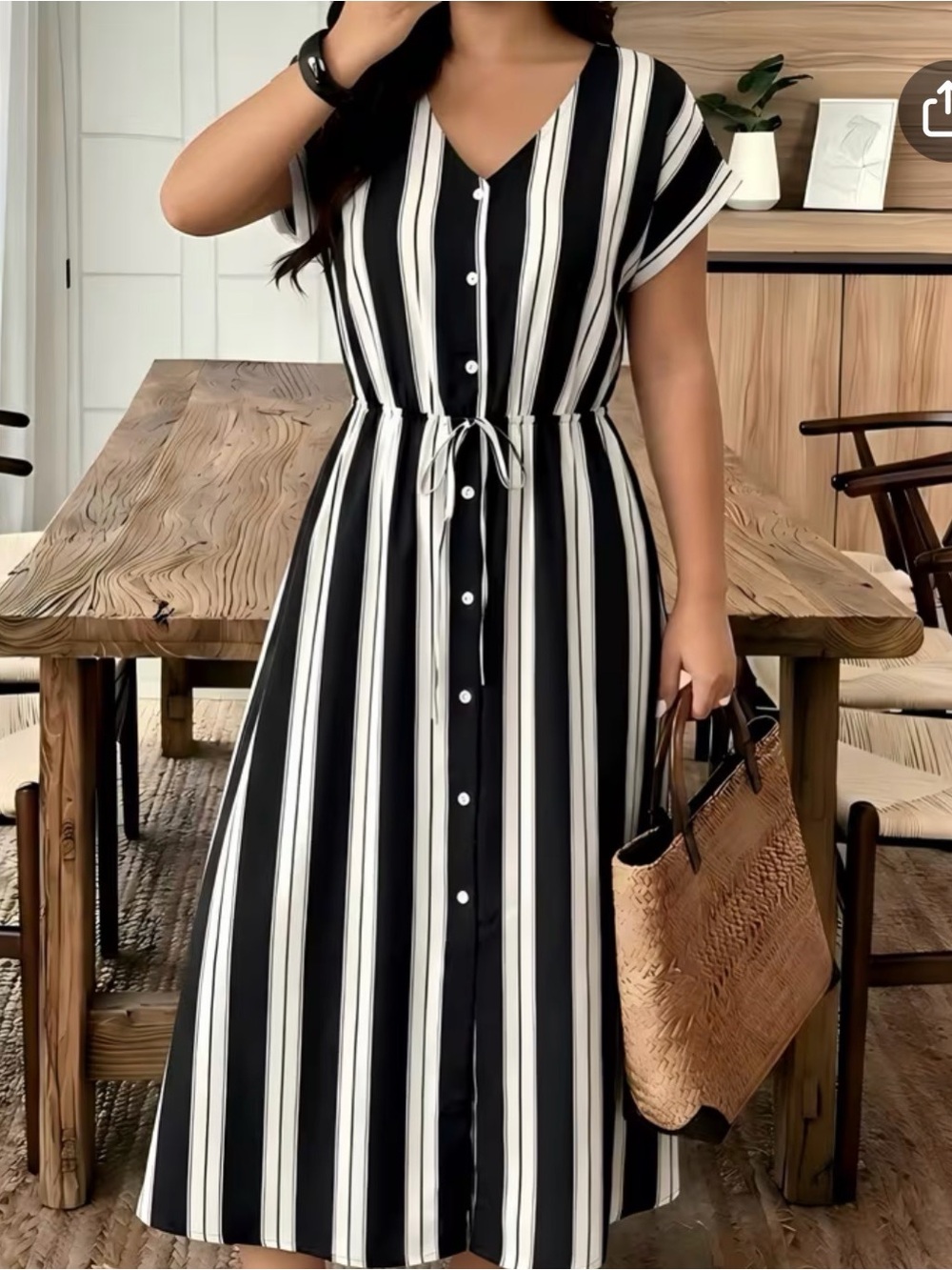 Women's Black and White Stripe Button-Front Midi Dress